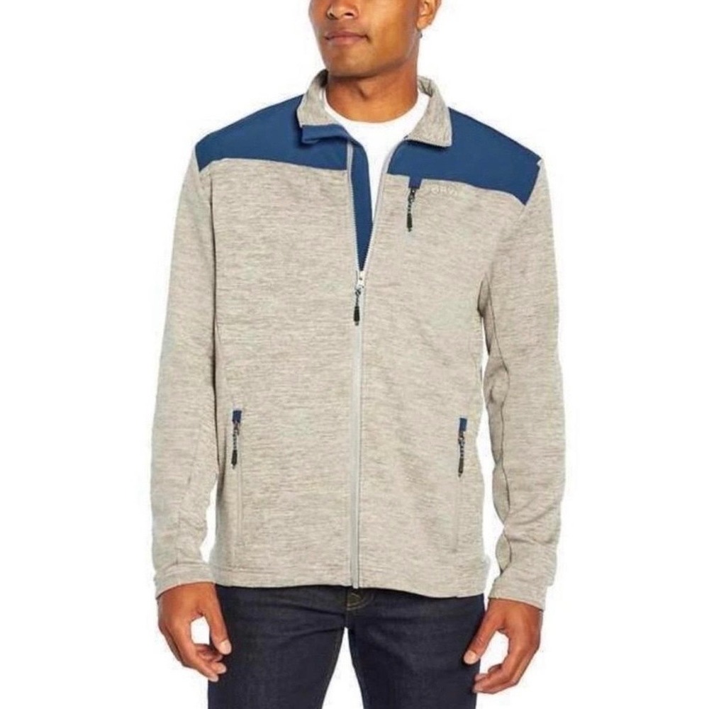 Orvis Mens Full Zip Fleece Jacket Tan Navy Blue Classic‎ Collection Large L